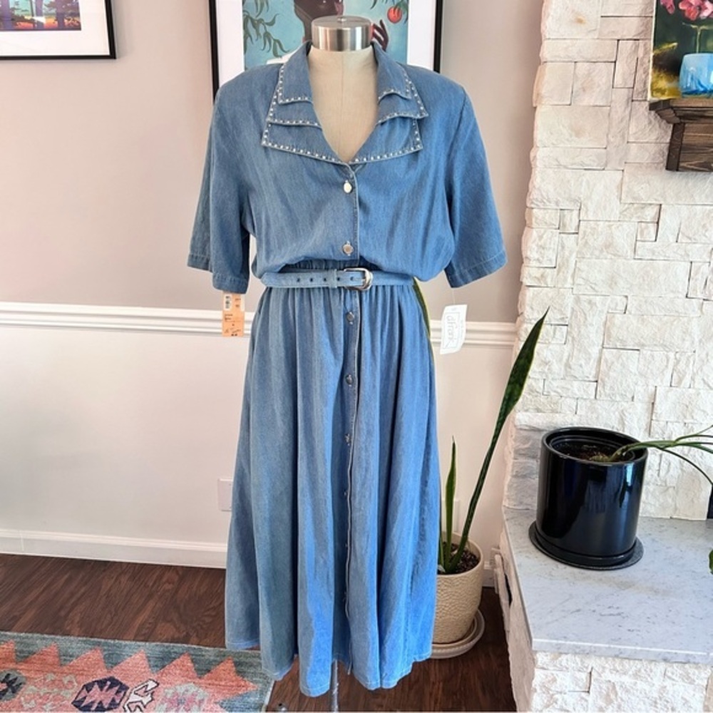 NWT Vintage Denim Dress Midi Maxi 100% Cotton Made in USA Western 90s Size Large